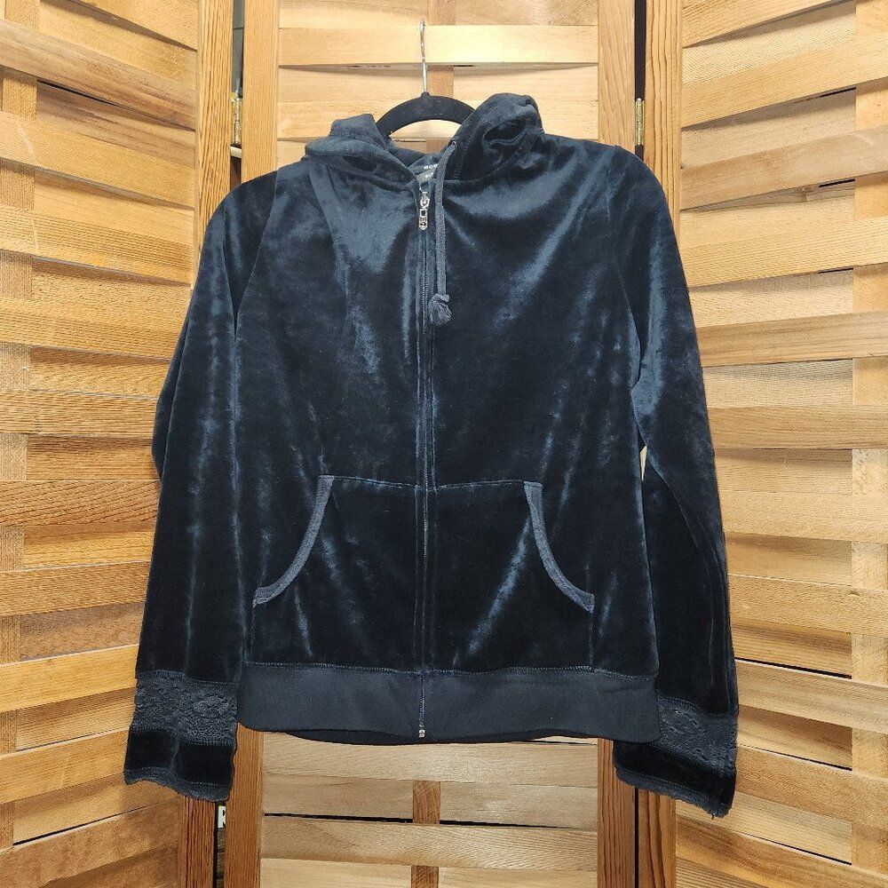 BCBGMAXAZRIA Black Velour Girl XL Zipper Hoodie Polyester Cotton Lace